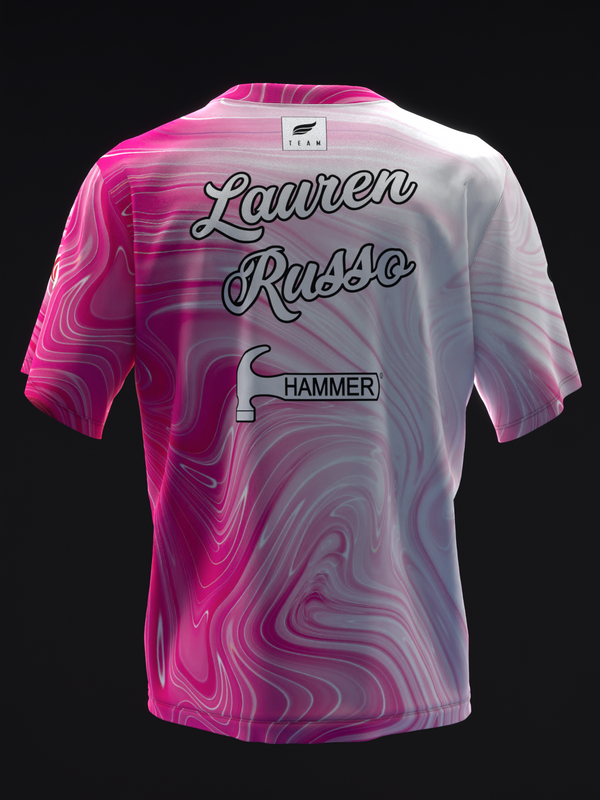 Pink and white liquid marble bowling jersey with personalized name and hammer graphic