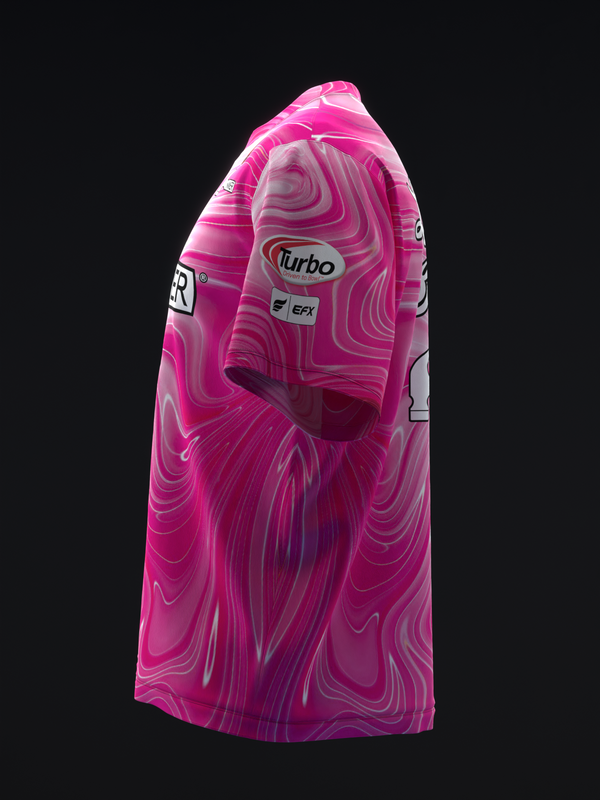 Pink bowling jersey with swirling liquid marble pattern and Turbo branding, front view