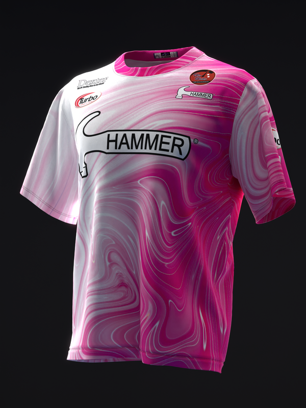 Pink and white bowling jersey with liquid marble swirl pattern and Hammer logo