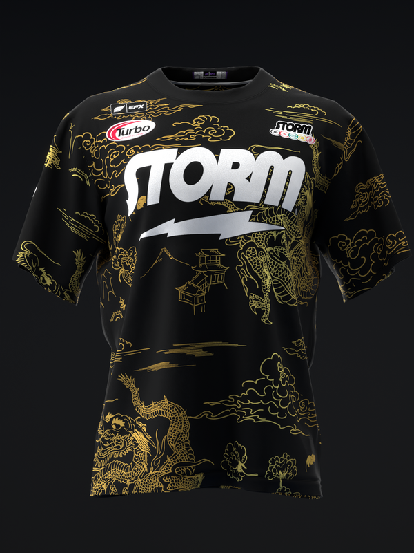 Black bowling jersey with large white Storm logo and gold dragon graphics