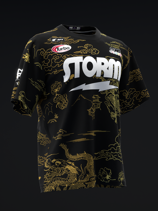 Black bowling jersey with gold dragon and cloud pattern and white Storm logo