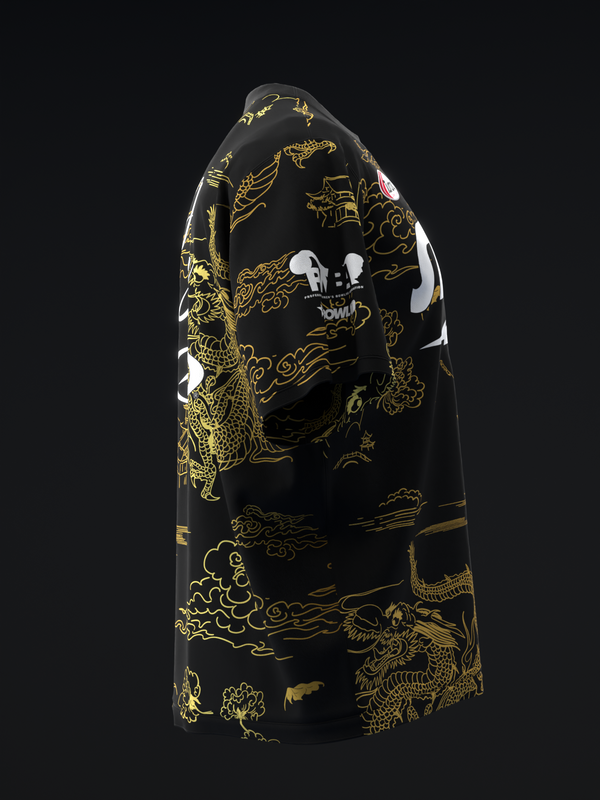 Black bowling jersey with gold dragon and Asian-inspired design elements