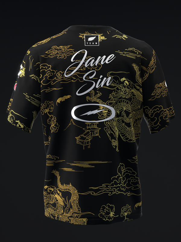 Black bowling jersey with gold dragon and ornamental Asian-inspired design, front view