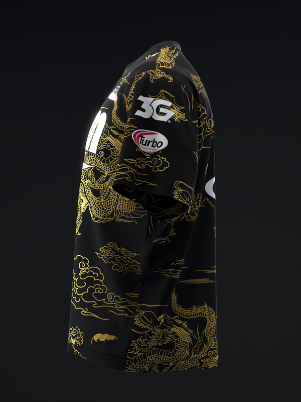 Black bowling jersey with gold dragon and celestial design, front view
