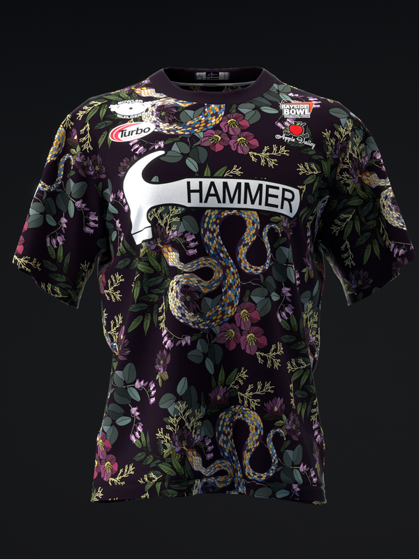 Black bowling jersey with floral and snake print, white Hammer logo front view