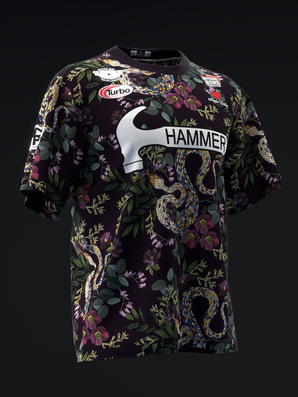 Black bowling jersey with floral and snake pattern, Hammer and Turbo logos