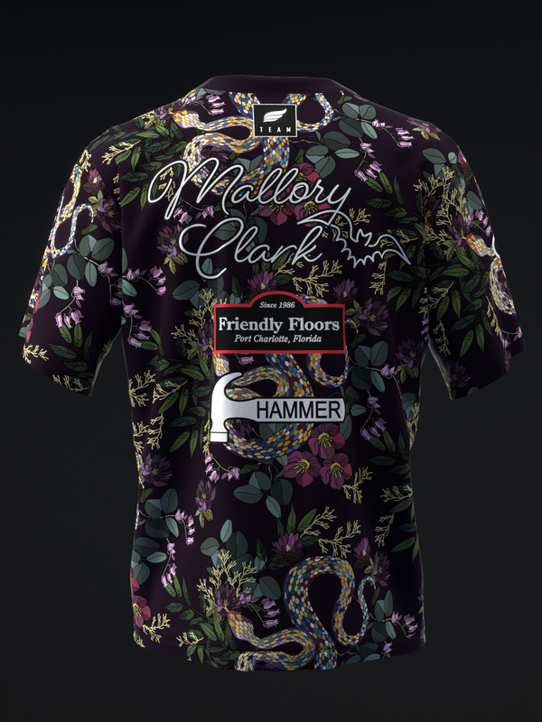 Dark purple bowling jersey with floral and snake pattern graphics and text logos