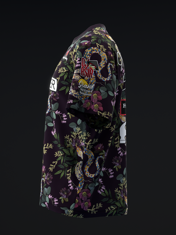 Dark purple bowling jersey with ornate floral and serpent graphic design, side view