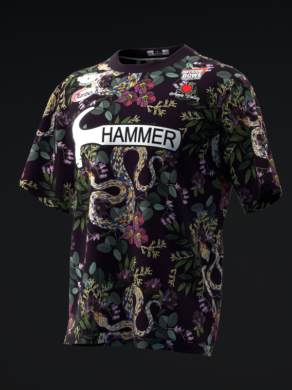 Black bowling jersey with colorful floral and snake graphic print, Hammer text band across chest