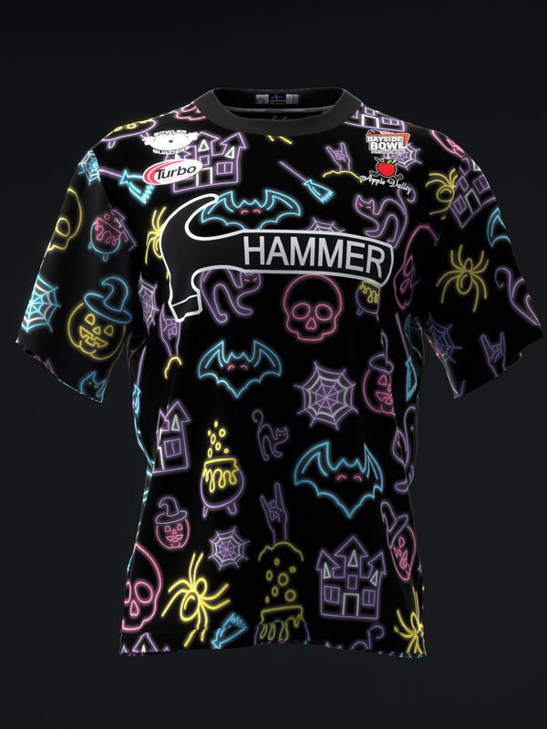 Black bowling jersey with neon Halloween graphics and Hammer text front view