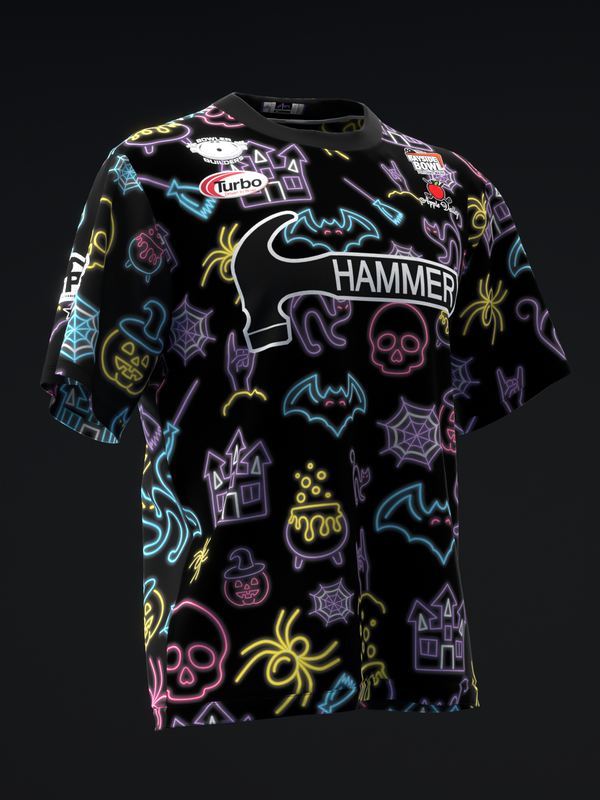 Black bowling jersey with neon Halloween graphic pattern and Hammer branding, front view