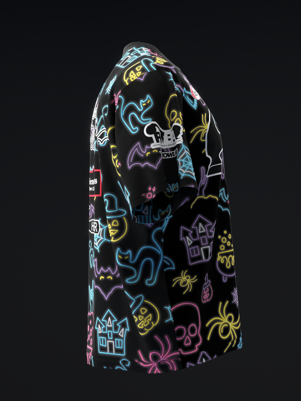 Black bowling jersey with neon glow-in-the-dark Halloween graphic design throughout