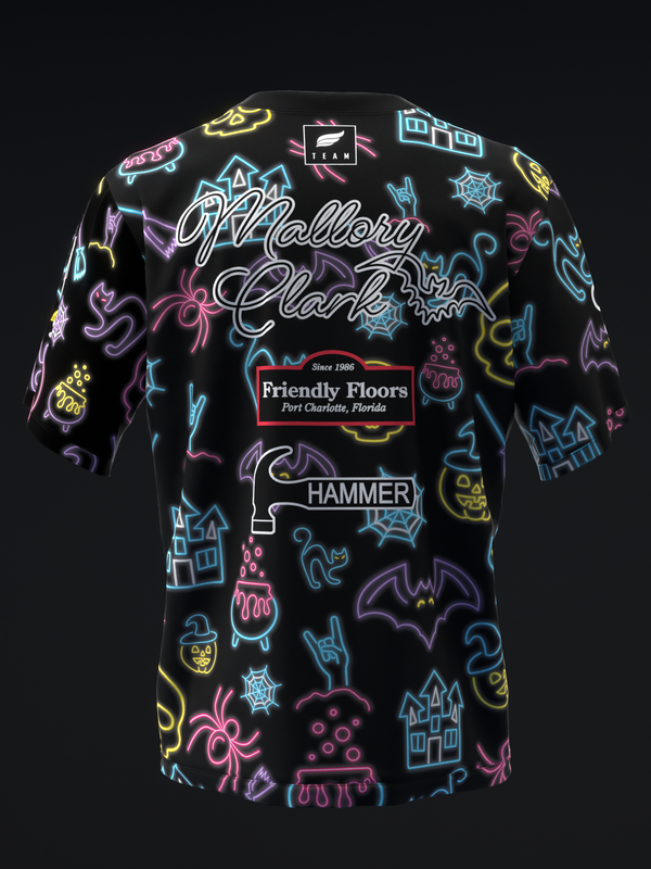 Black bowling jersey with neon Halloween graphic design and text throughout