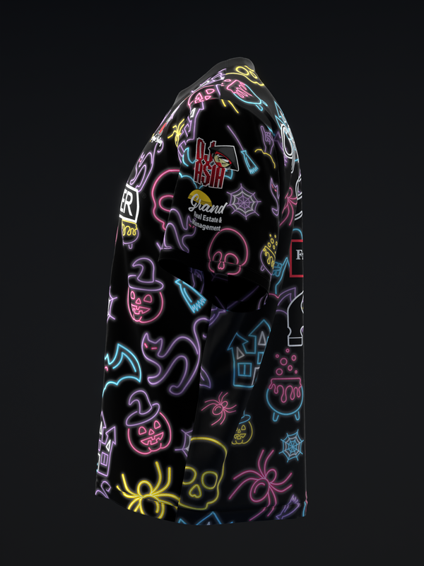Black bowling jersey with neon-style Halloween graphics and icons throughout