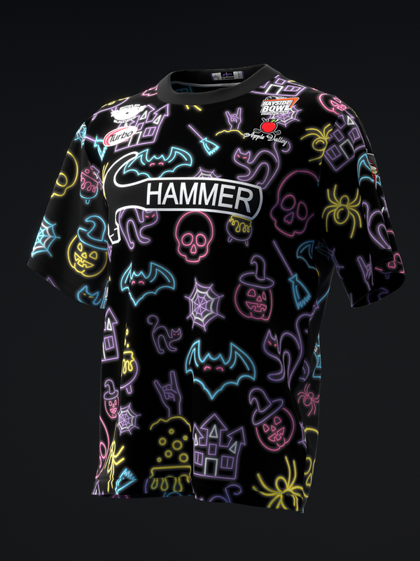 Black bowling jersey with neon Halloween graphic design and Hammer logo