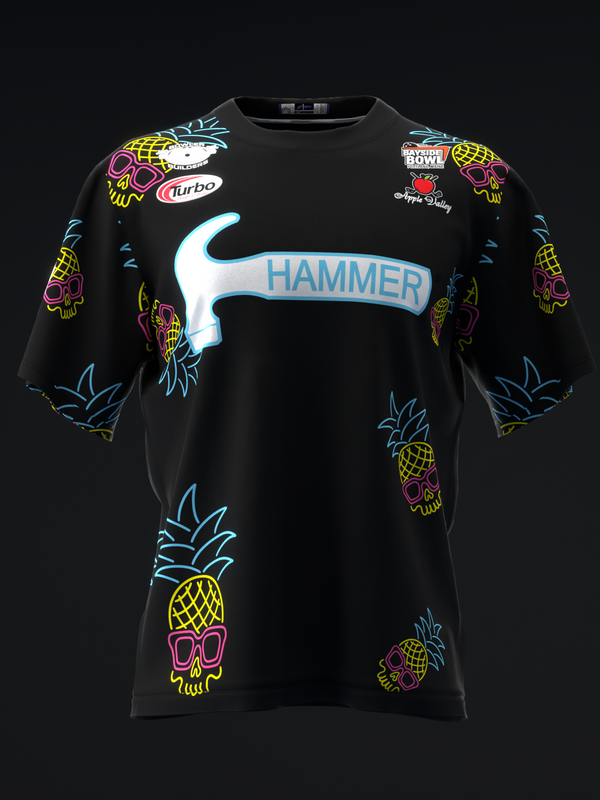 Black bowling jersey with neon pineapple skull graphic pattern and Hammer logo