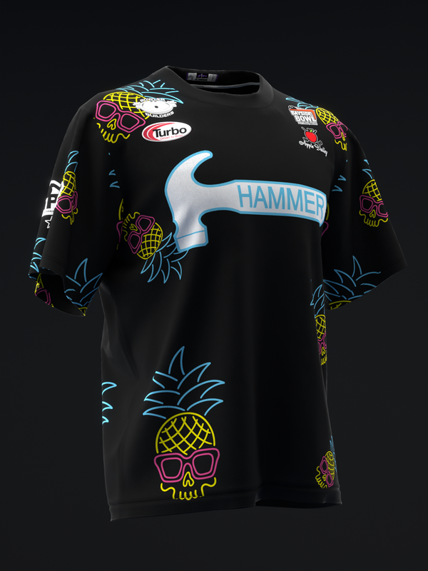 Black bowling jersey with neon pineapple skull graphics and hammer design