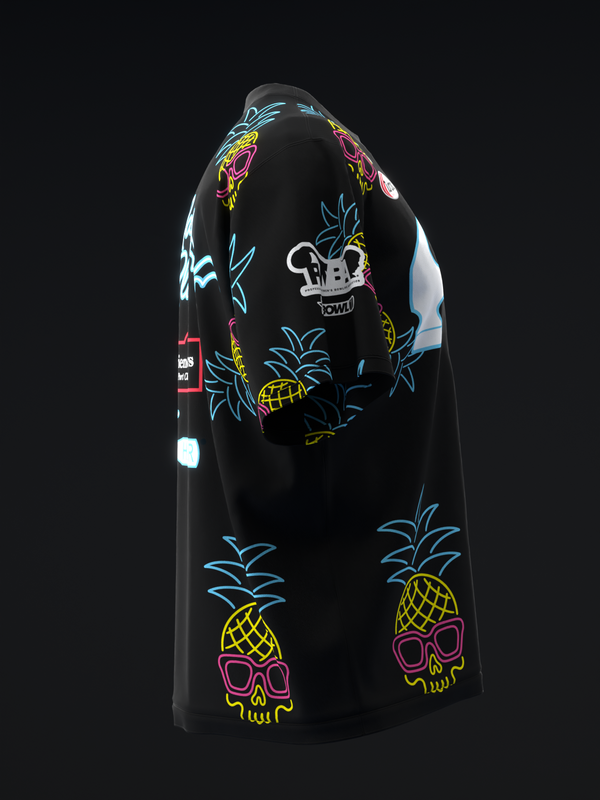 Black bowling jersey with neon pineapple and skull graphic design, back view