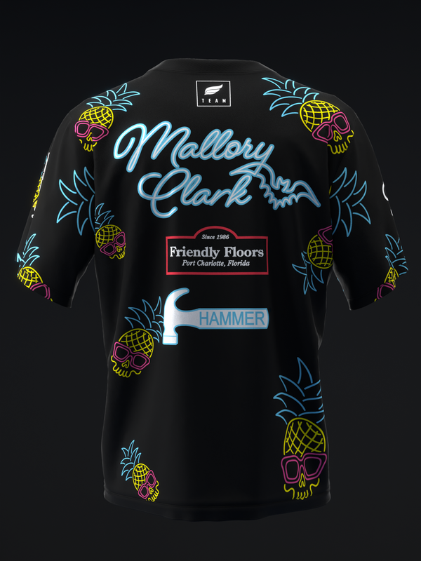 Black bowling jersey with neon pineapple and skull graphics throughout