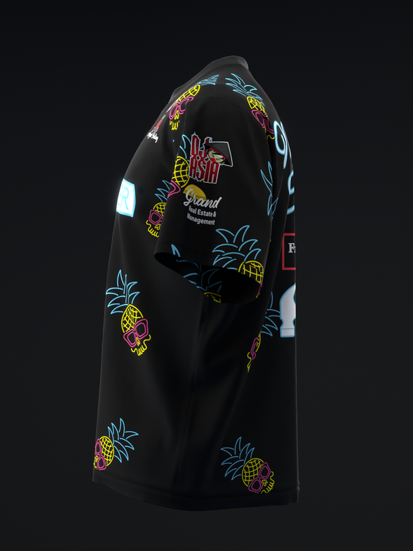 Black bowling jersey with colorful pineapple skull graphics throughout, front view