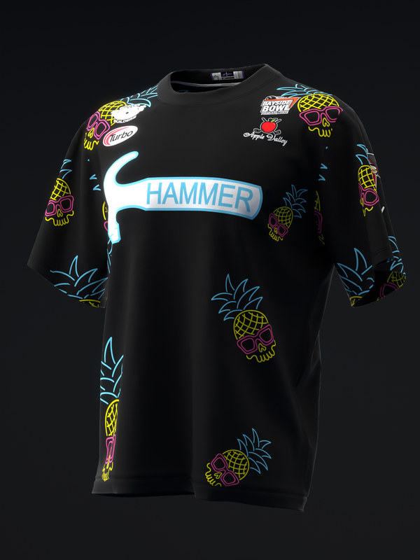 Black bowling jersey with neon pineapple skull graphics and blue Hammer logo