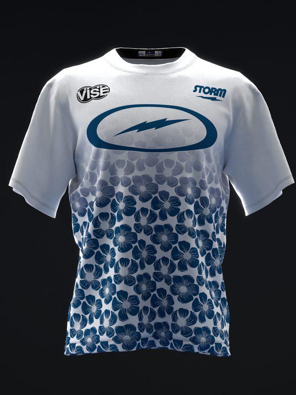 White bowling jersey with blue floral pattern and lightning bolt graphic, front view