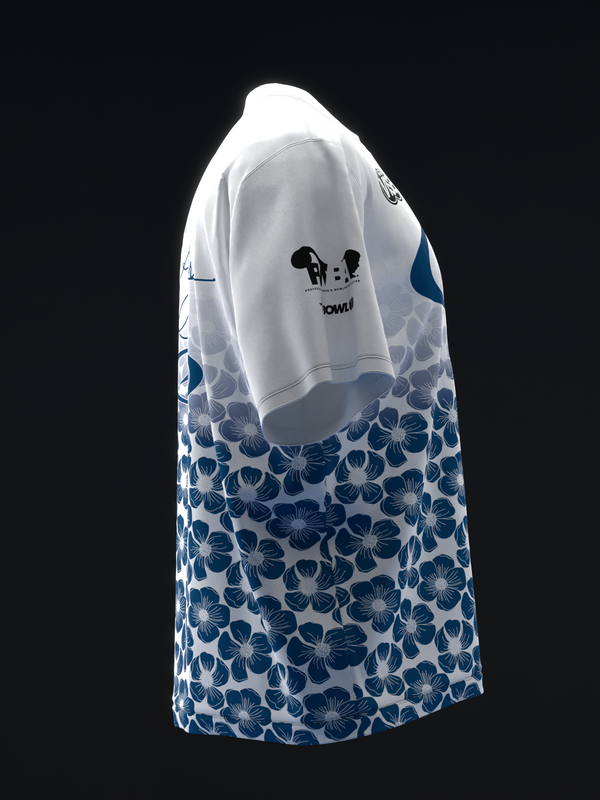 White and navy bowling jersey with blue floral pattern on lower body, side view