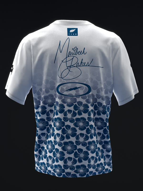 White and navy bowling jersey with floral pattern and handwritten signature back view