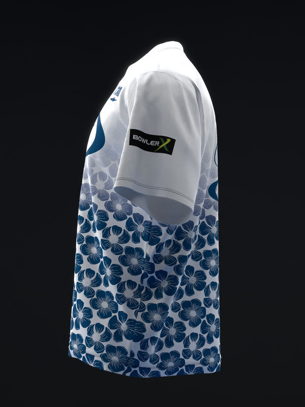 White bowling jersey with navy floral pattern on lower body, side view
