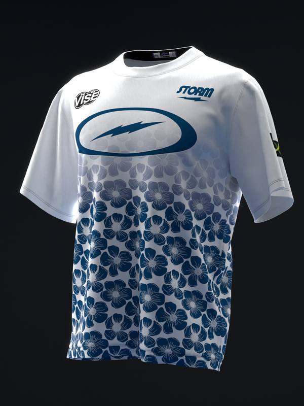 White bowling jersey with blue floral pattern and oval graphic, front view