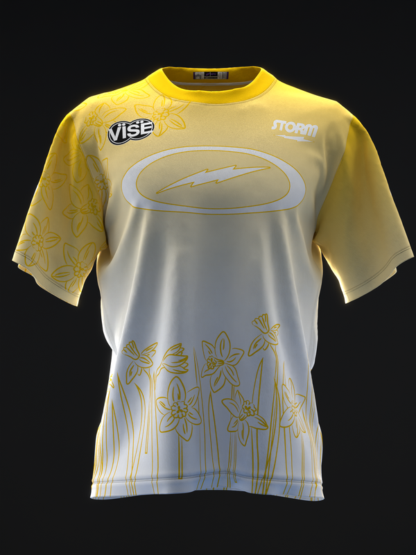 Yellow and white bowling jersey with daffodil sketch pattern, front view
