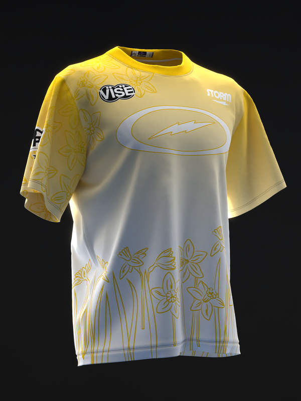 Yellow and white bowling jersey with daffodil sketch design front view
