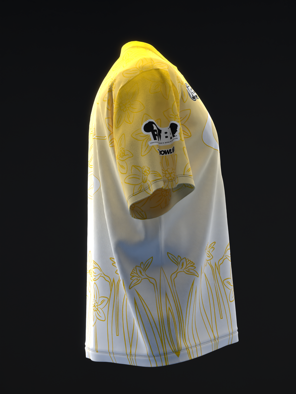 White bowling jersey with yellow daffodil sketches and navy graphic on front