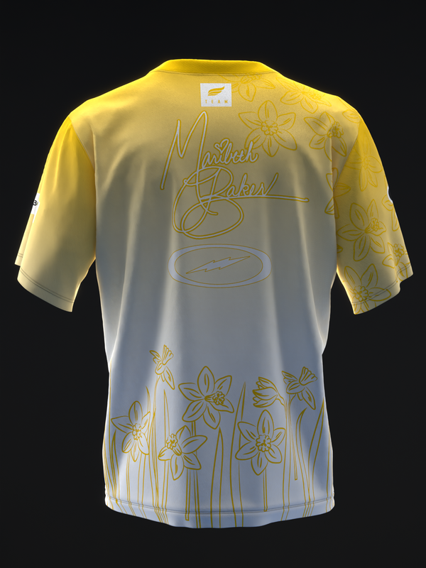 Yellow and white bowling jersey back with daffodil sketch design and signature