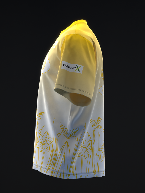 Yellow and white bowling jersey with daffodil sketch design, side view