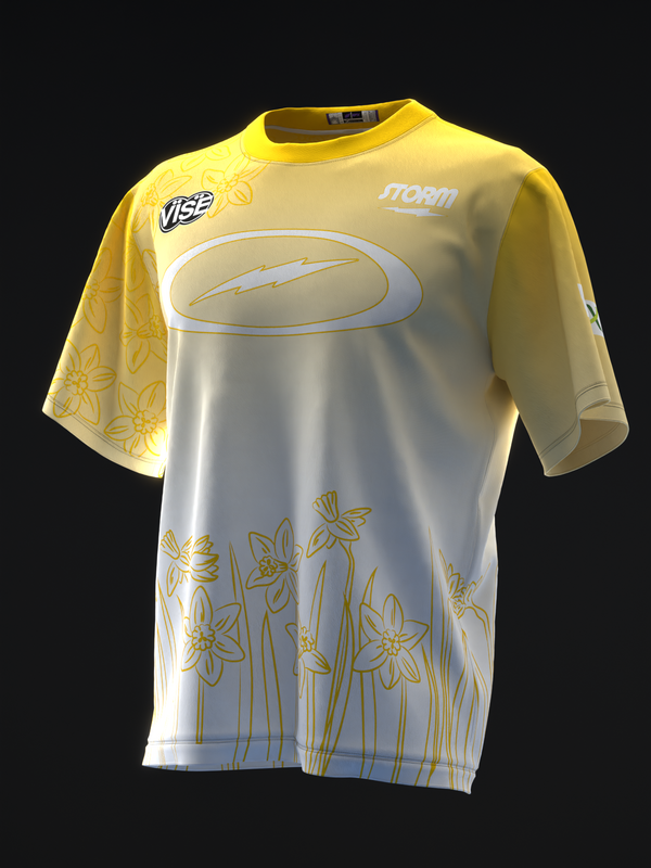 Yellow and white bowling jersey with daffodil flower sketch design, front view