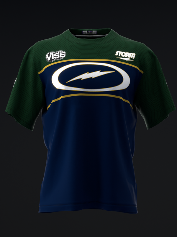 Front view of two-tone bowling jersey with green sleeves, navy body, white oval logo and lightning bolt graphic, gold trim accents
