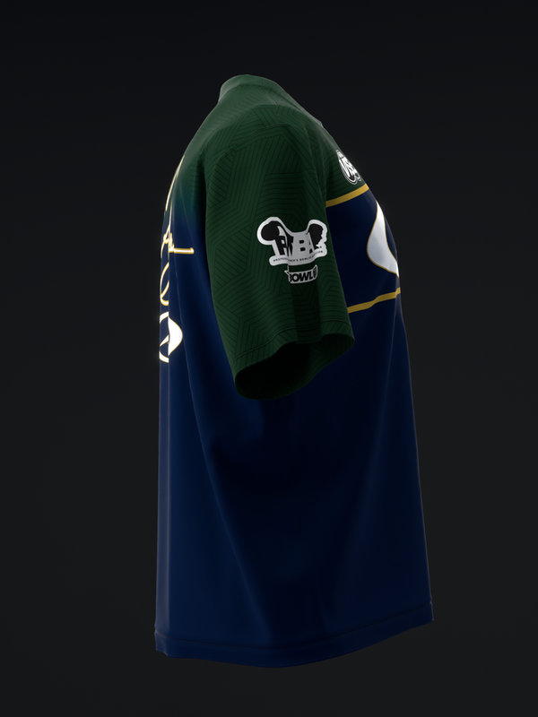 Bowling jersey in navy, green, and gold with skull graphic on back