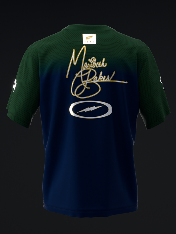 Dark navy and forest green bowling jersey with gold signature and logo graphic on back