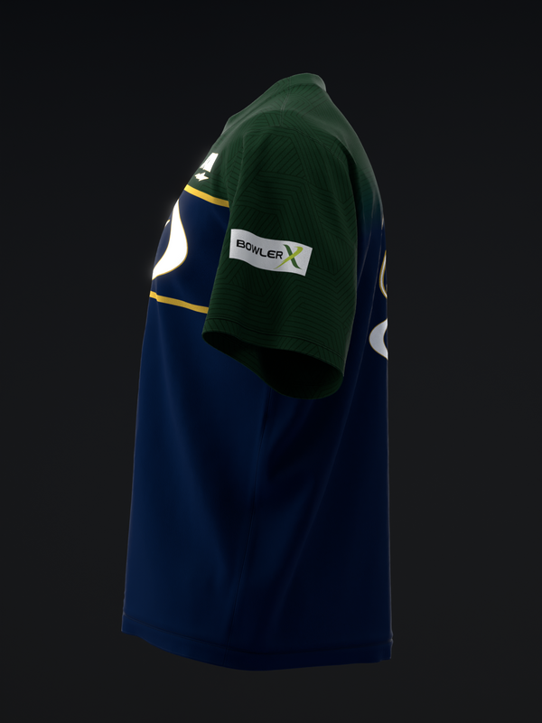 Dark navy bowling jersey with green sleeves, gold trim, and Bowler X logo patch