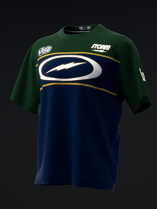 Forest green and navy bowling jersey with white lightning bolt logo graphic