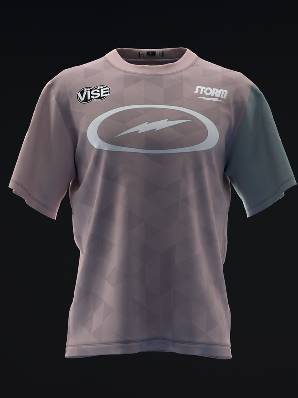 Front view of geomauve bowling jersey with oval graphic and lightning bolt design