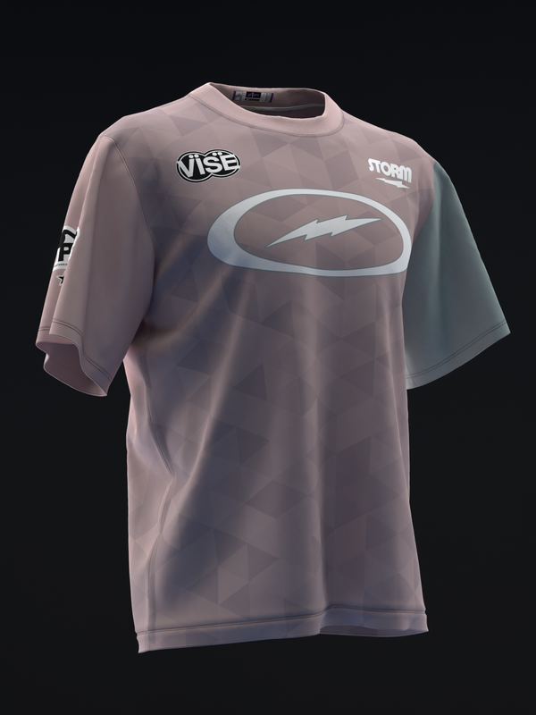 Mauve bowling jersey with Storm logo and lightning bolt graphic on front