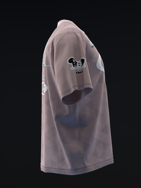 Light mauve bowling jersey with black dog graphic and text on chest, side view