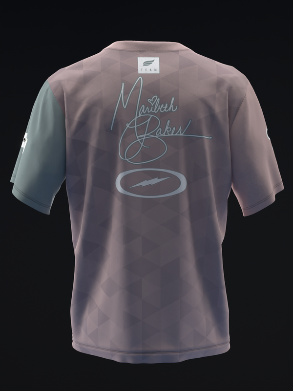 Back view of mauve bowling jersey with signature and oval logo graphic