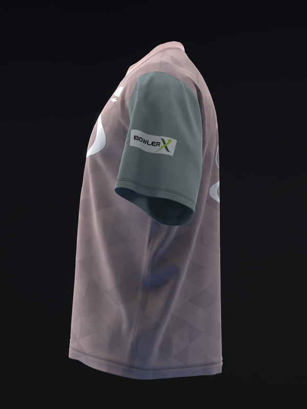 Lavender bowling jersey with gray sleeves and BOWLER X logo visible