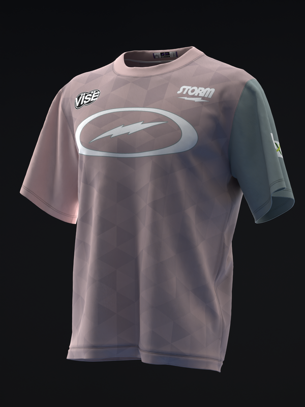 Bowling jersey in mauve with white oval logo and brand text on front