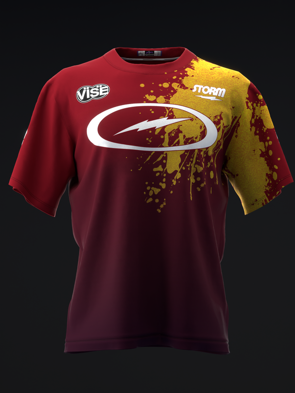 Red and gold bowling jersey with white oval logo and splatter design, front view