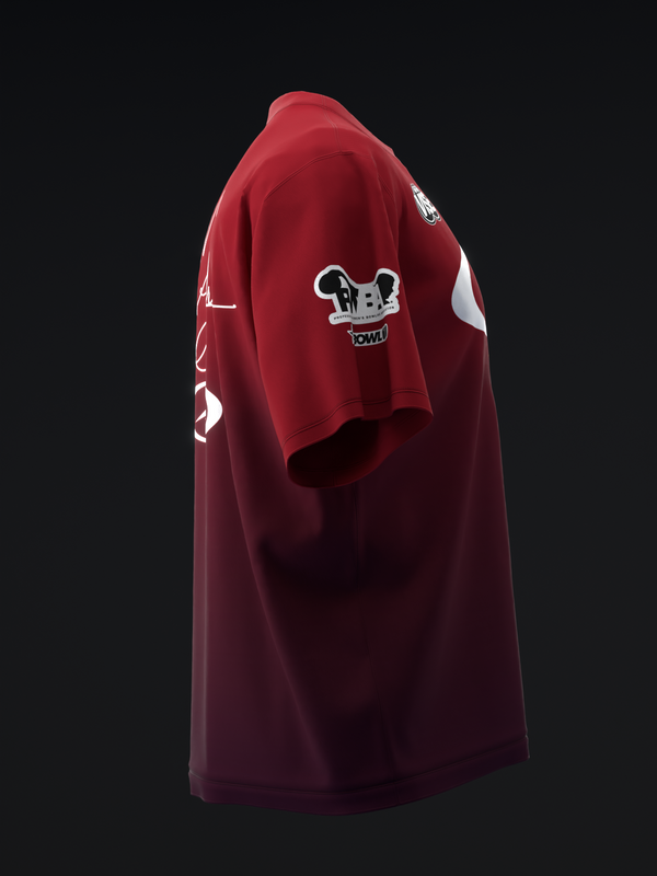 Maroon bowling jersey with white accents and skull graphic, back view