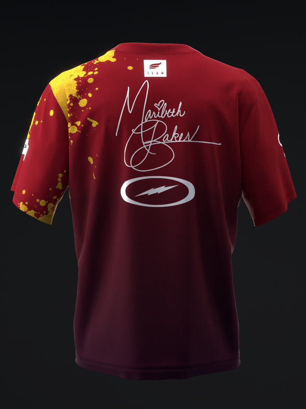 Wine red bowling jersey with gold splatter design and white signature graphic, back view